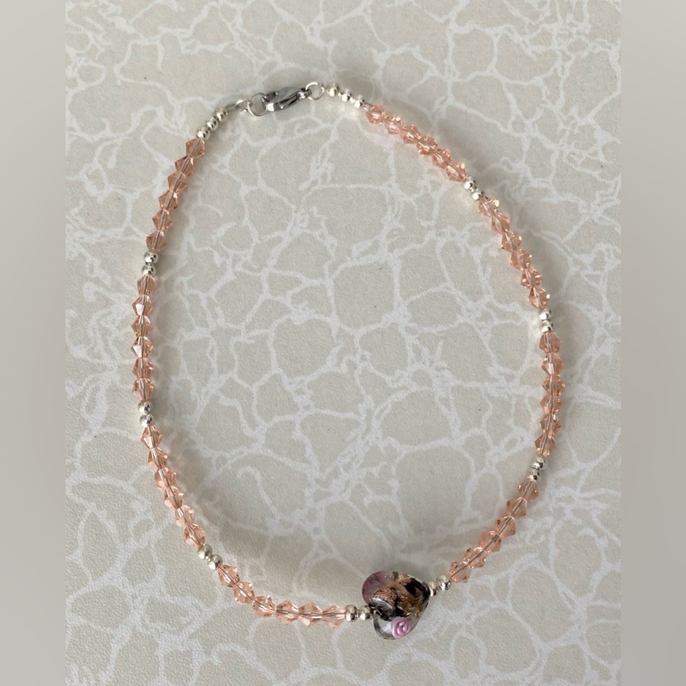 Delicate Pink Crystal Bead Ankle Bracelet with Floral Glass Accent - Picture 2 of 2